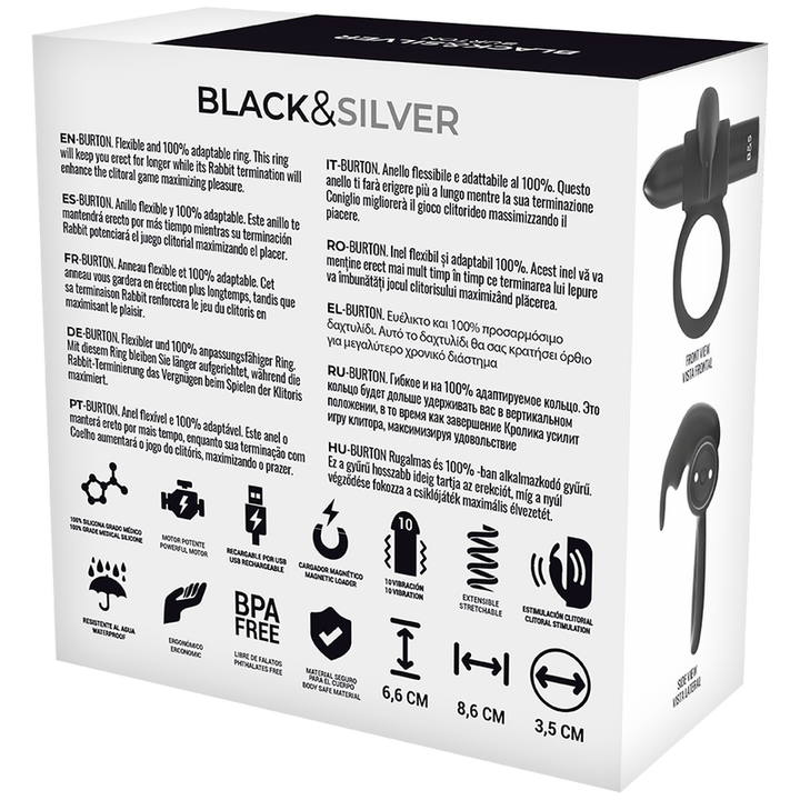 Anel Peniano Vibração Usb Black&Silver Burton Controlo Remoto Watchme