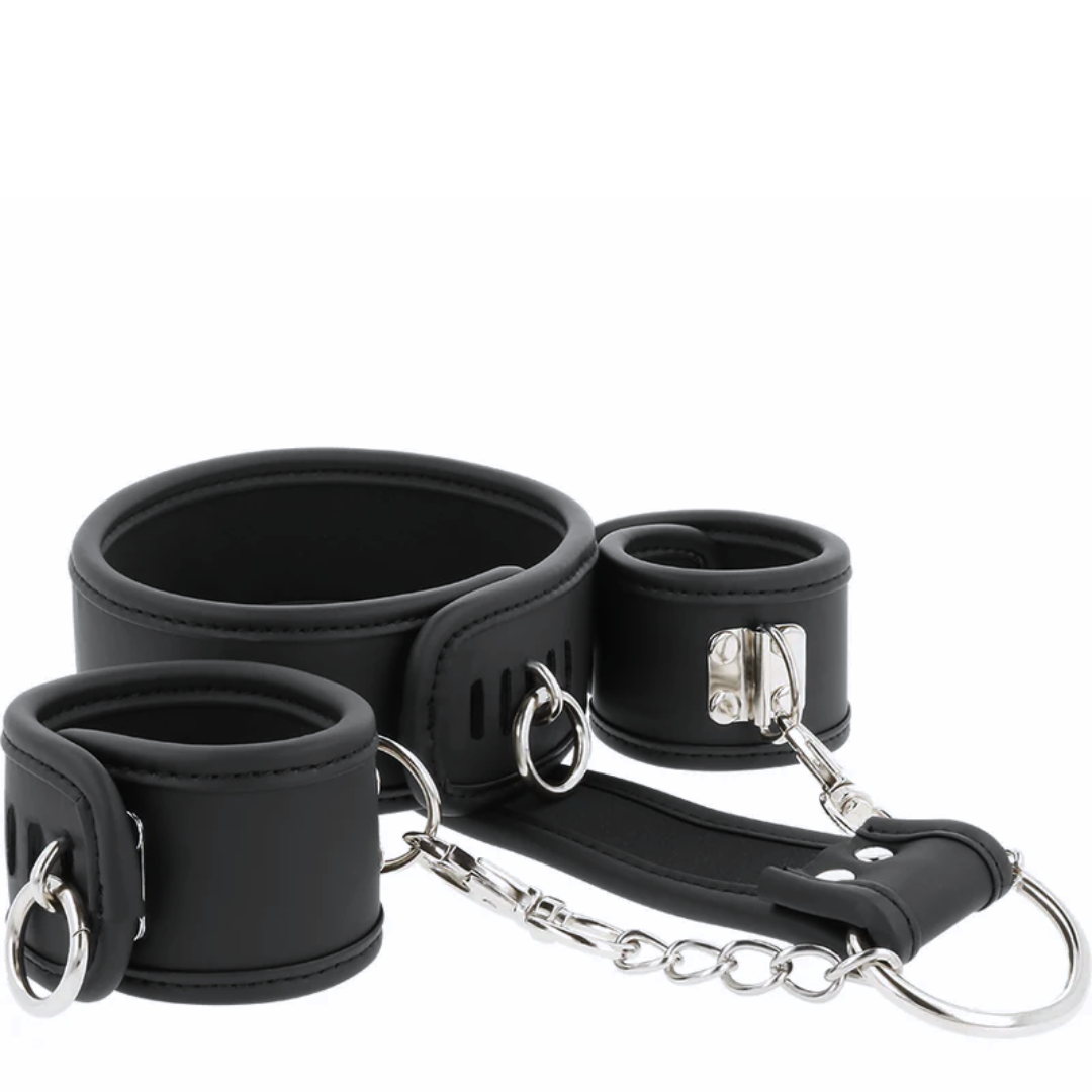Conjunto Algemas Pulso, Coleira Postura e Hogtie Fetish Submissive