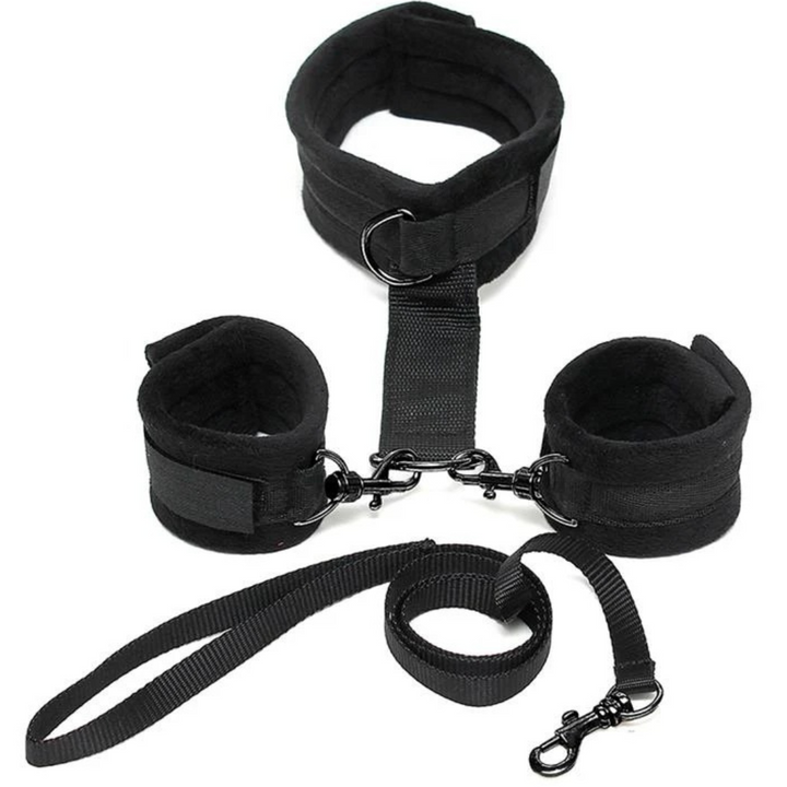Conjunto Algemas Pulso, Coleira, Trela e Hogtie BondagePlay