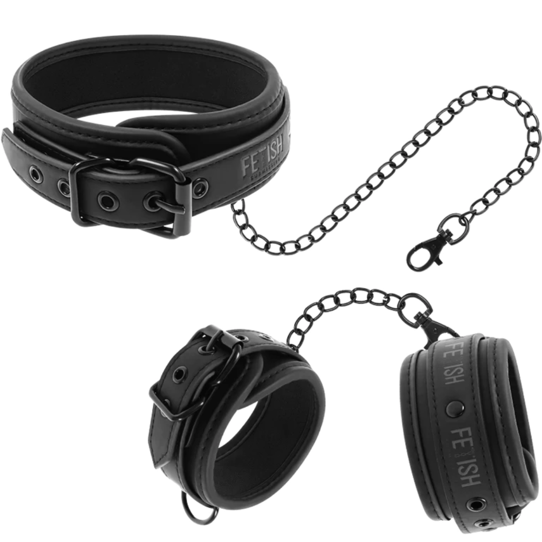 Conjunto Algemas Pulso, Coleira e Corrente Fetish Submissive