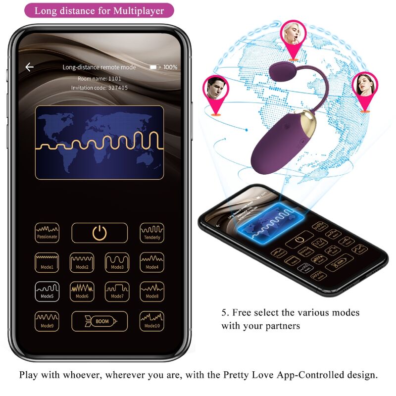 Estimulador Ovo Vibração Usb PrettyLove Abner Roxo Controlo Remoto App